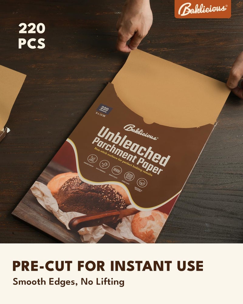 BAKLICIOUS 220 Pcs 9x13 inch Unbleached Parchment Paper Baking Sheets, Baklicious Pre-cut Heavy Duty Parchment Baking Paper for Air Fryer, Oven, Bakeware, Steaming, Cooking Bread, CupCake, Cookies - Image 2